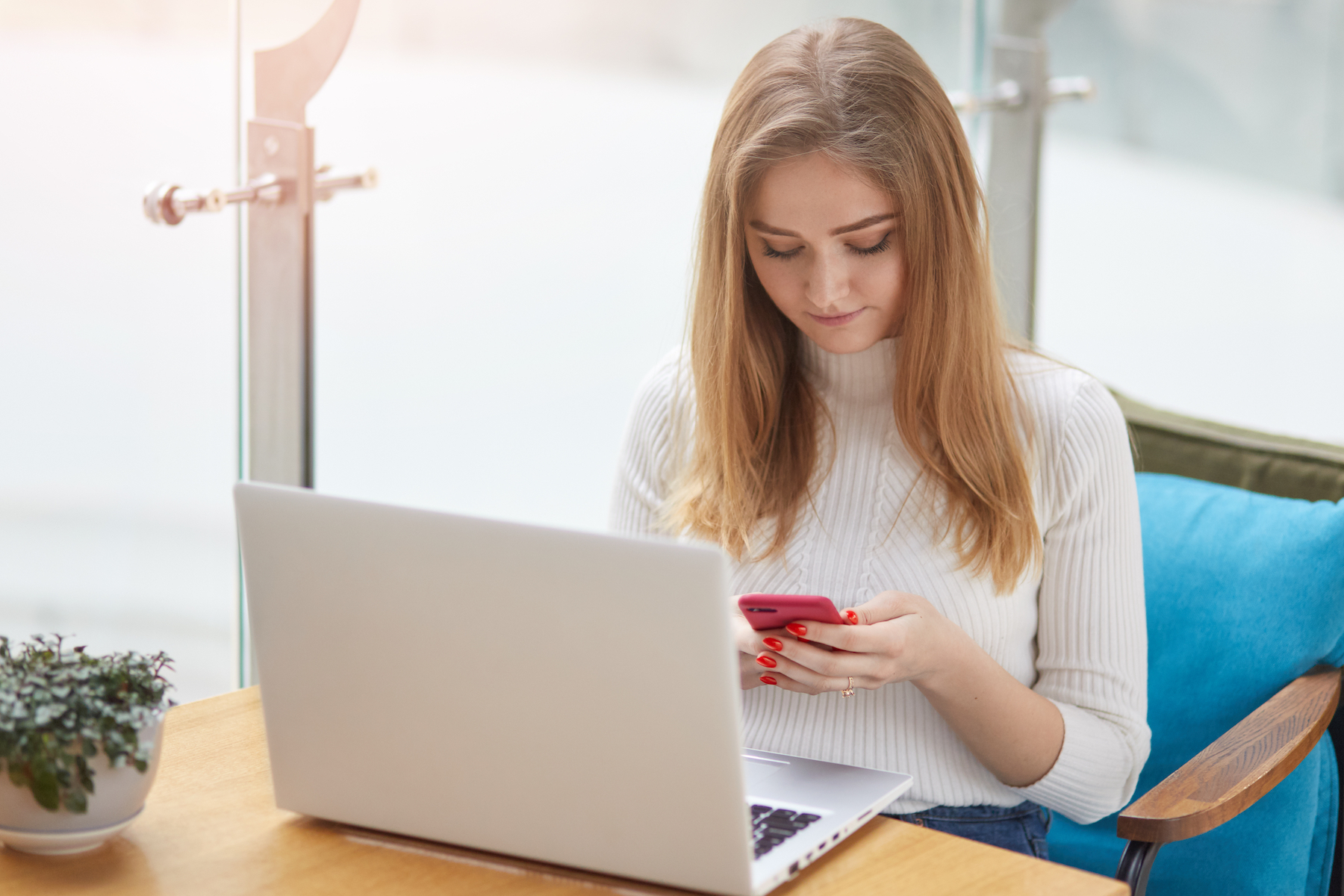 Woman with technology addiction